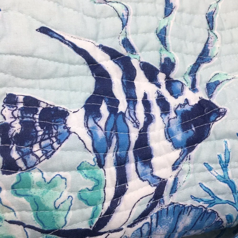 3 pc Nicole Miller Ocean FULL QUEEN Quilt Sham Set Tropical Fish Seashell Blue